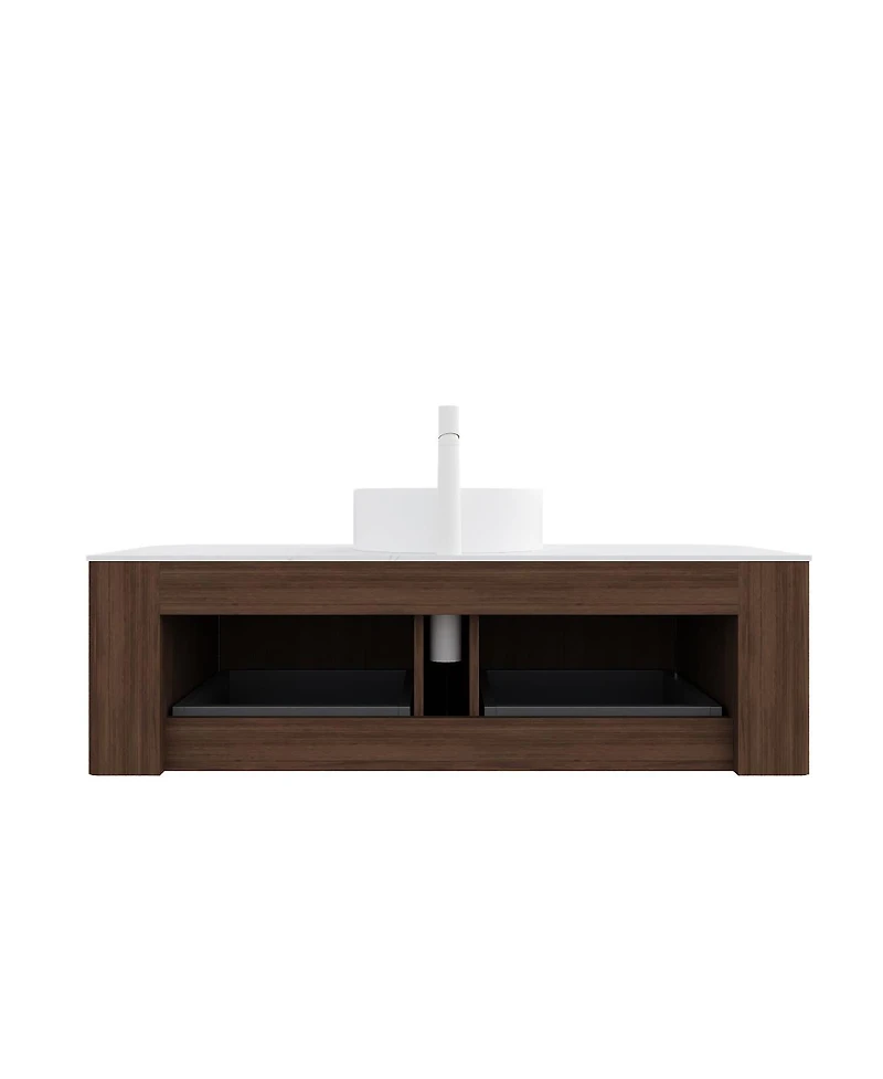 Sillysis Wall Mounted Bathroom Vanity with Sintered Stone Top, Round Ceramic Vessel Sink, Walnut Striped Drawer, Pre-assembled