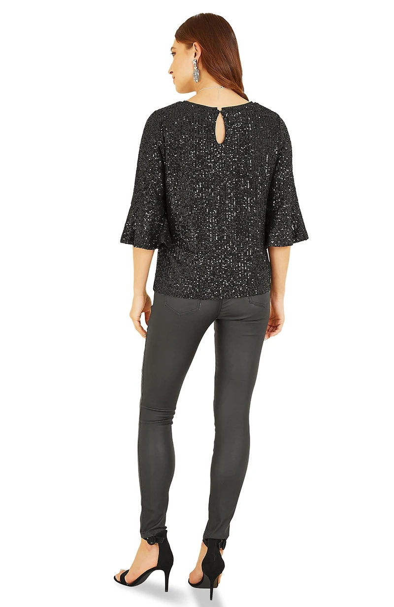 Yumi Women's Sequin V-Neck Fluted Sleeve Top
