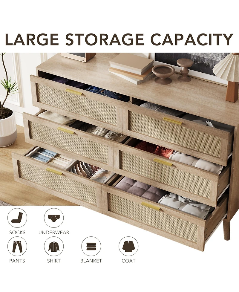 homfan 6 Drawer Dresser, 47 Inch Natural Rattan Chest of Drawer, Large Wooden Dresser with 5 Wood Legs, Farmhouse Dresser for Bedroom, Living Room