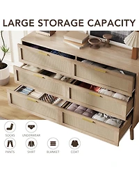 homfan 6 Drawer Dresser, 47 Inch Natural Rattan Chest of Drawer, Large Wooden Dresser with 5 Wood Legs, Farmhouse Dresser for Bedroom, Living Room