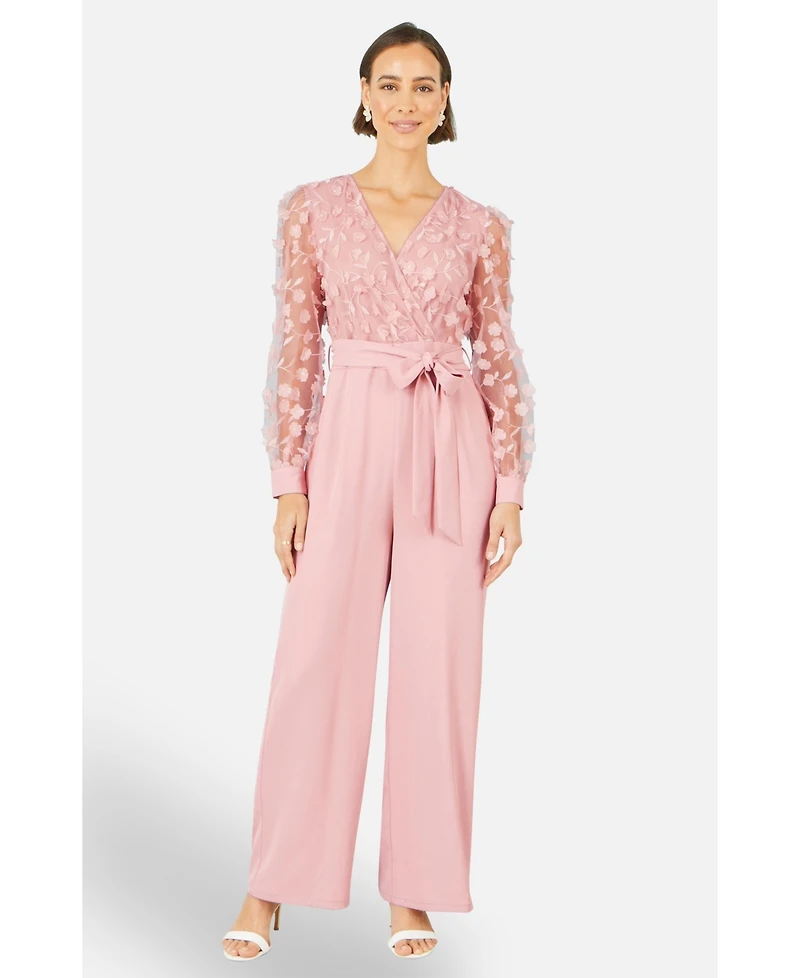 Yumi Women's Sash Waist Floral Applique Wrap Jumpsuit