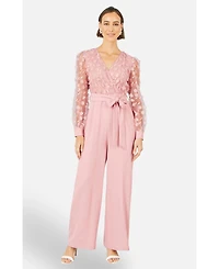 Yumi Women's Sash Waist Floral Applique Wrap Jumpsuit