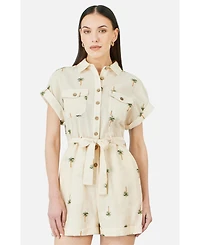 Yumi Women's Embroidered Palm Print Cotton Playsuit