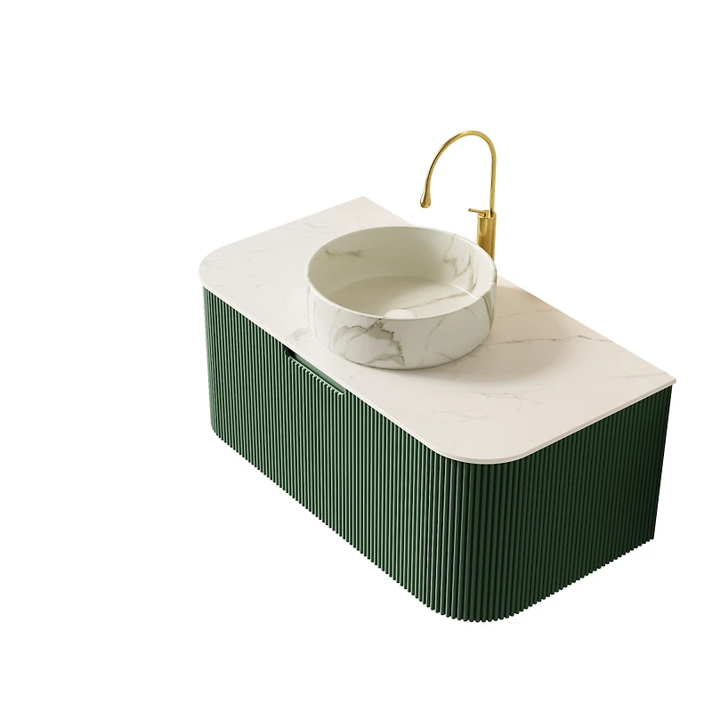 Sillysis Wall Mounted Bathroom Vanity with Sintered Stone Top, Round Ceramic Basin, Stripe Drawer Panel, Pre-assembled