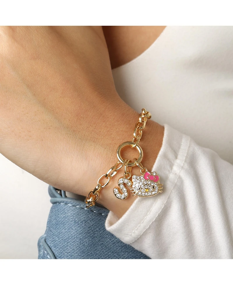 Hello Kitty Initial Crystal Charm Bracelet, Gold-Tone