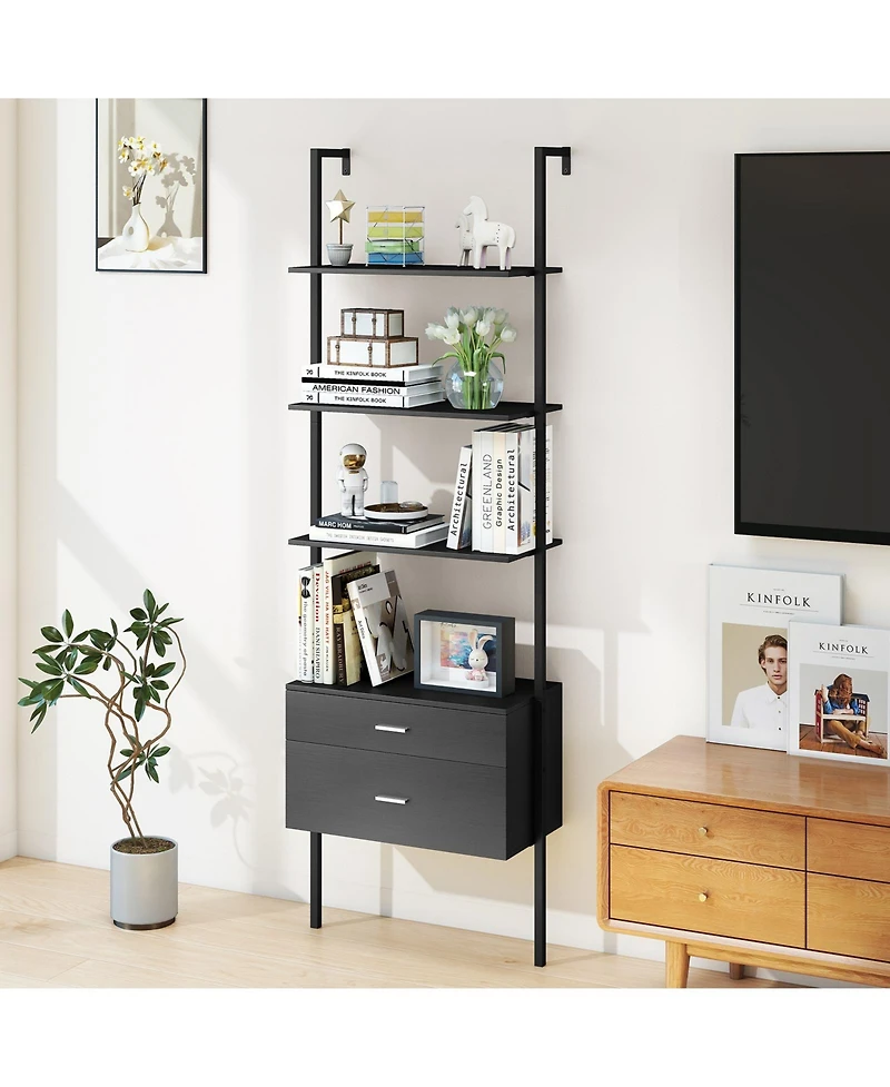 Gymax 2 Pcs Ladder Bookshelf With Storage Wall Mount Bookcase With 4 Open Shelves