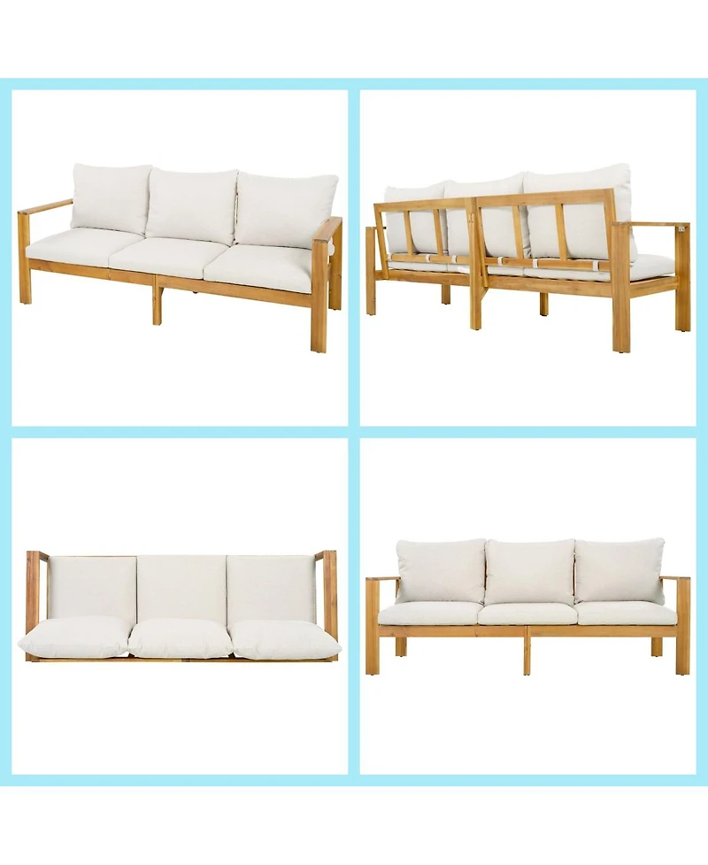 Asagikoiai 3-Piece Acacia Wood Outdoor Patio Sectional Sofa Set with Cushions and Ottoman