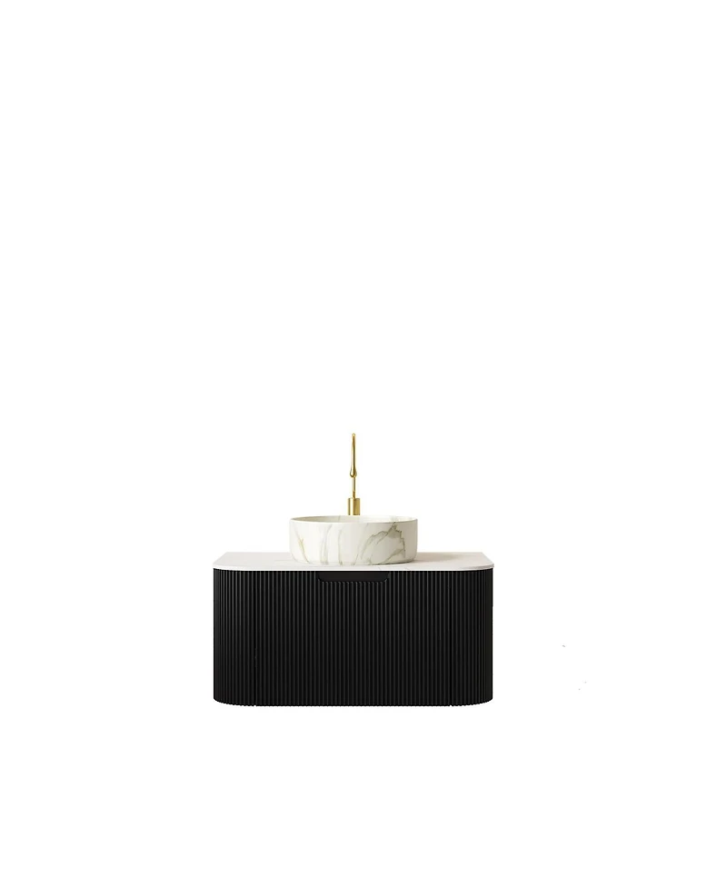 Sillysis Wall Mounted Bathroom Vanity with Carrara Sintered Stone Top, Round Ceramic Sink, Stripe Drawer