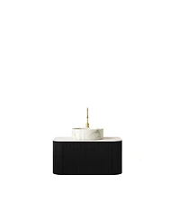 Sillysis Wall Mounted Bathroom Vanity with Carrara Sintered Stone Top, Round Ceramic Sink, Stripe Drawer