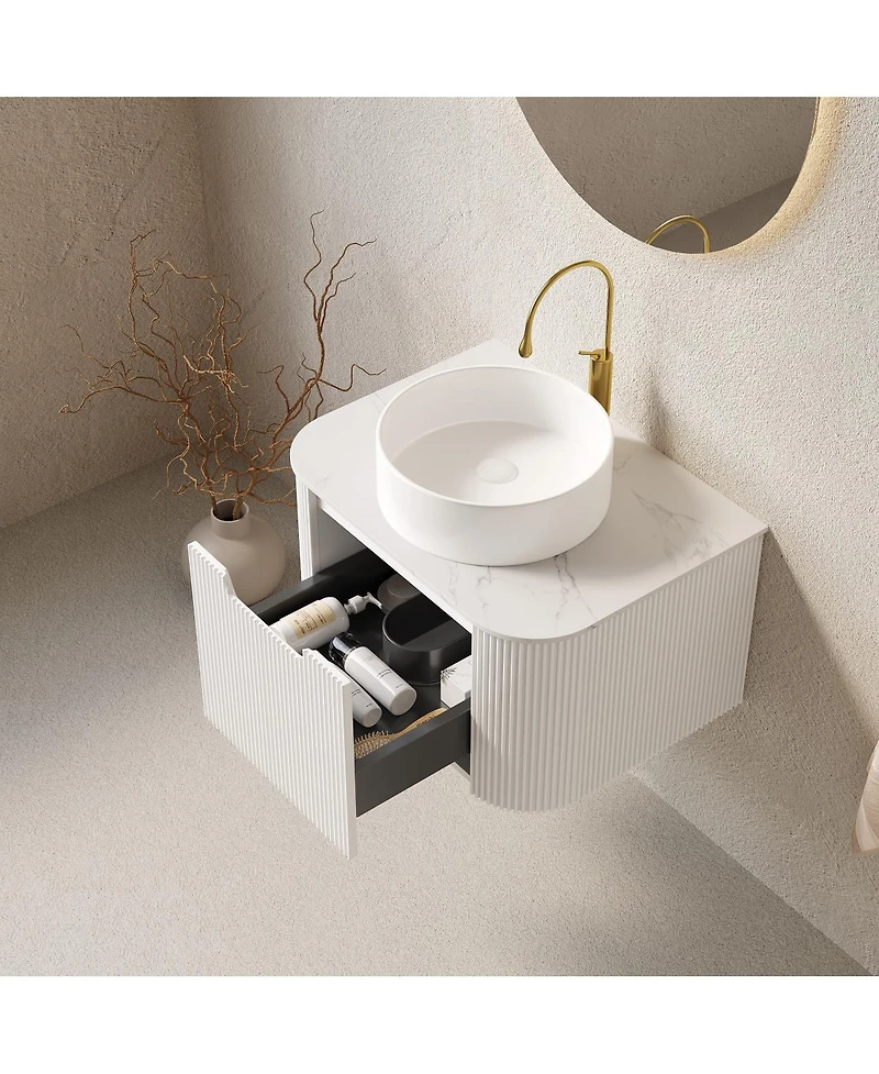 Sillysis Wall Mounted Bathroom Vanity with Sintered Stone Top, White Round Ceramic Sink, Striped Drawer