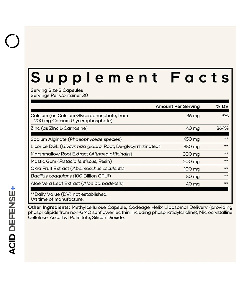 Codeage Acid Defense+, Marshmallow Root, Dgl Licorice, Aloe Vera, Probiotic, Mastic Gum, Zinc, 30 Capsules