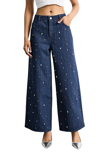 Warehouse Women's Hotfix Embellished Wide Leg Jean