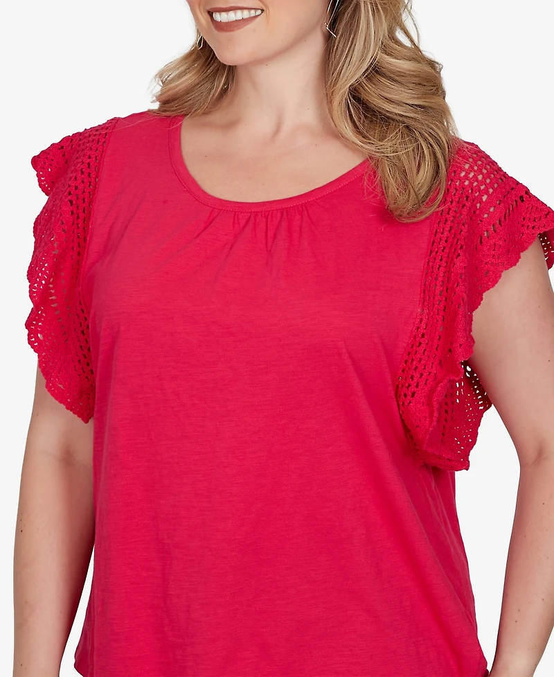 Ruby Rd. Plus Crochet Sleeve Solid Cotton T-Shirt