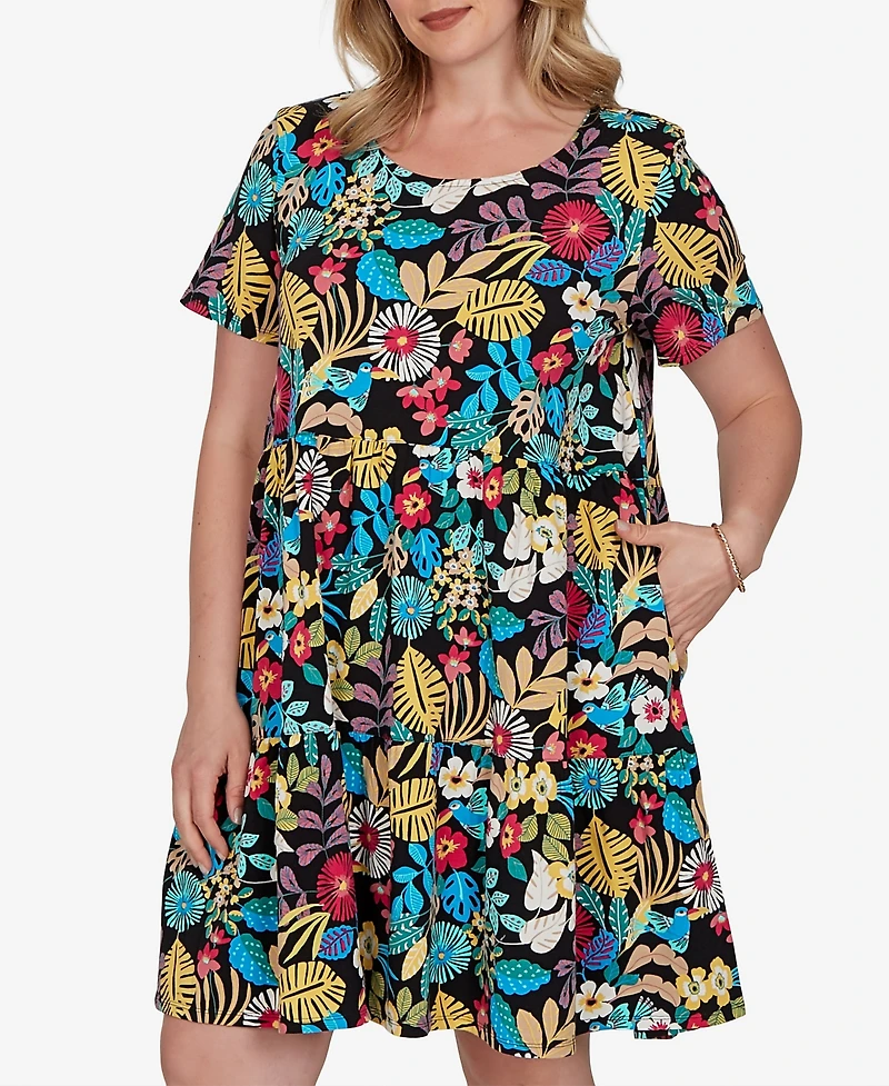 Ruby Rd. Plus Tropical Print Tiered Cotton Knit Pocket Dress