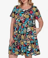 Ruby Rd. Plus Tropical Print Tiered Cotton Knit Pocket Dress
