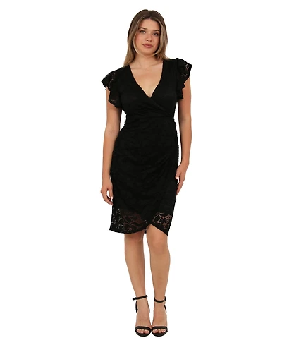 24seven Comfort Apparel Women's Lace V-Neck Flutter-Sleeve Faux Wrap Midi Dress