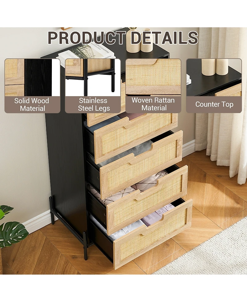 homfan Farmhouse 5-Drawer Rattan Dresser, Tall Storage Chest with Metal Legs and Wood Top for Multi-Room Use