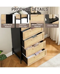 homfan Farmhouse 5-Drawer Rattan Dresser, Tall Storage Chest with Metal Legs and Wood Top for Multi-Room Use