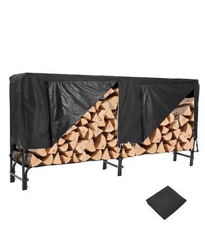 gaomon 8 ft Firewood Rack, Steel Log Holder for Outdoor Storage, Patio, Fireplace and Backyard with Waterproof Cover