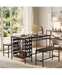homfan 3 Piece Dining Table Set with Tuck-In Benches, Wine Bottle Storage, Stemware Holder and Adjustable Shelving Home Bar