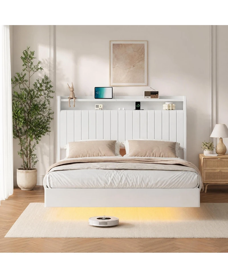 homfan floating platform bed frame with hidden legs, app-controlled Rgb Led lighting, headboard shelf, charging station, no box spring needed