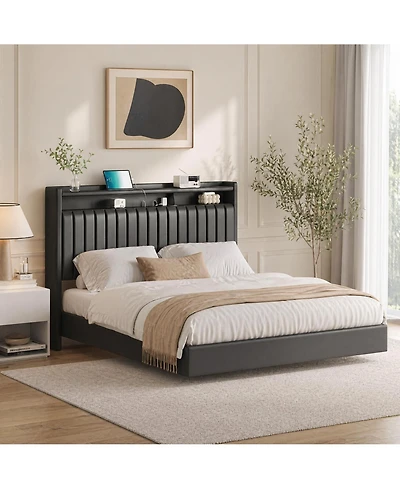homfan floating platform bed frame with hidden legs, app-controlled Rgb Led lighting, headboard shelf, charging station, no box spring needed