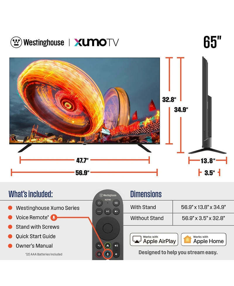 Westinghouse 65" 4K Uhd Xumo Smart Tv with HDR10, Dolby Vision, Voice Remote, Wi-Fi, Apple HomeKit