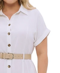 Ny Collection Plus Short Sleeve Button Front Belted A-Line Dress
