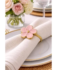 Dainty Home Pink Enamel Flower Napkin Rings Set of 4, Metal Floral Table Decor