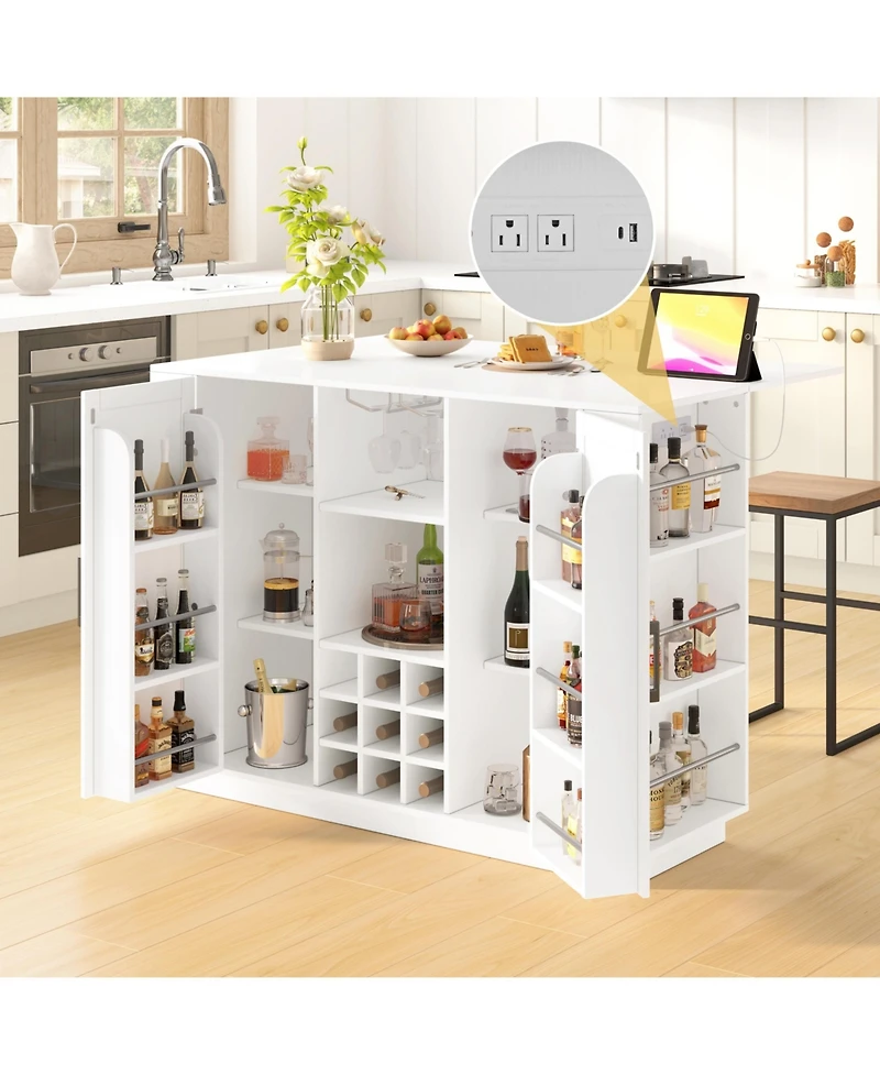 flynama 47.2" Kitchen Island with Drop Leaf and Power Outlet - Wine Bar Cabinet with Storage Shelves