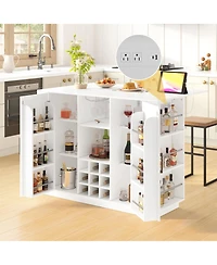 flynama 47.2" Kitchen Island with Drop Leaf and Power Outlet - Wine Bar Cabinet with Storage Shelves