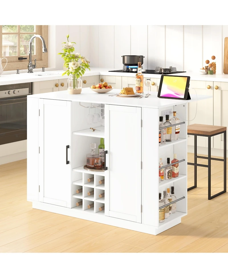 flynama 47.2" Kitchen Island with Drop Leaf and Power Outlet - Wine Bar Cabinet with Storage Shelves