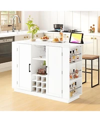 flynama 47.2" Kitchen Island with Drop Leaf and Power Outlet - Wine Bar Cabinet with Storage Shelves