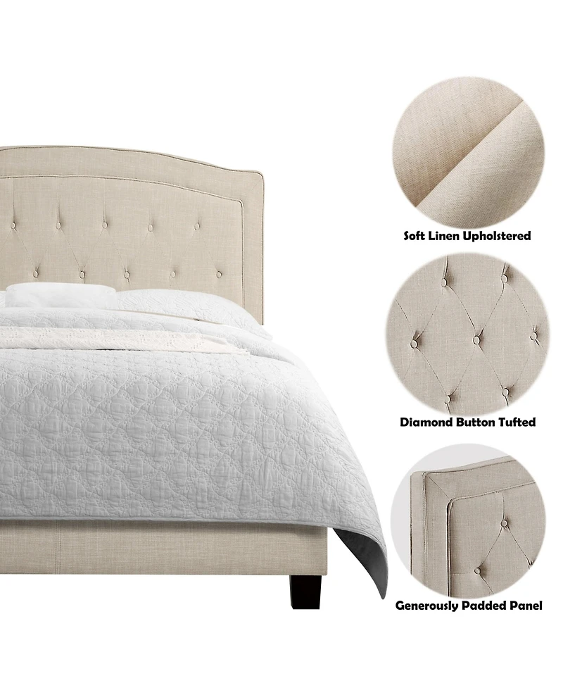 Boyel Living Upholstered Bed with Curved Button Tufted Headboard Modern Platform Frame Solid Wood Structure