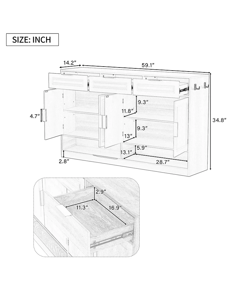 Rainsken Farmhouse Buffet Cabinet with 3 Drawers and 4 Doors, Storage Sideboard with Adjustable Shelf and Open Shelves for Dining Room, Living Room