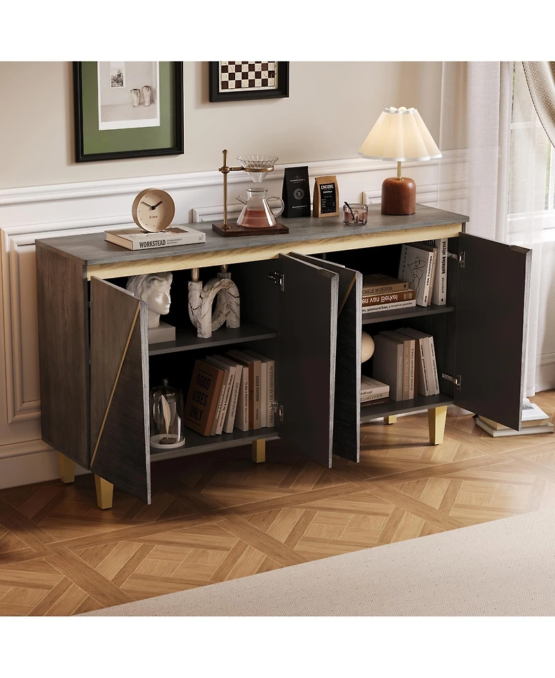 Rainsken 60 Retro Buffet Cabinet 4 Door Sideboard Cabinet with Dimensional Effect Doors and Adjustable Shelves for Kitchen Living Room
