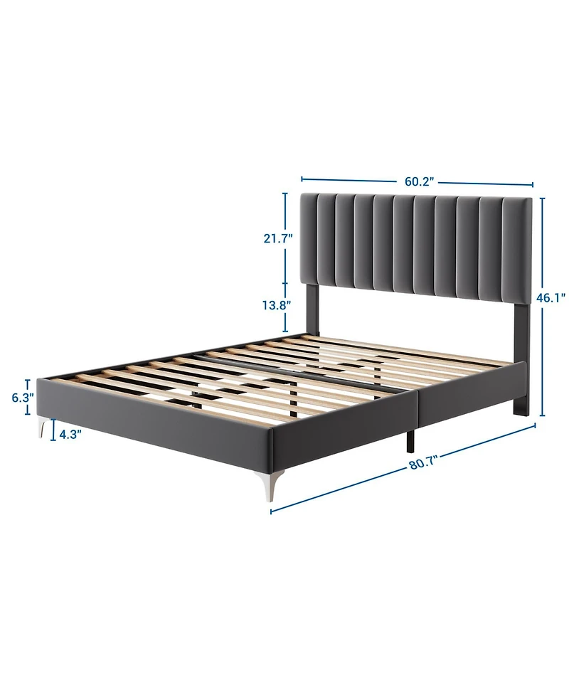 homfan Velvet Upholstered Platform Bed Frame with Adjustable Vertical Channel Headboard, Wooden Slats and No Box Spring Needed
