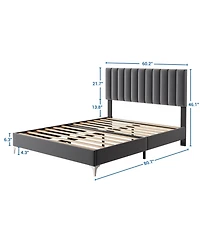 homfan Velvet Upholstered Platform Bed Frame with Adjustable Vertical Channel Headboard, Wooden Slats and No Box Spring Needed