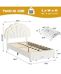 homfan Upholstered Platform Bed Frame with Led Petal Headboard and Storage Drawer, Kids Wood Slat Support