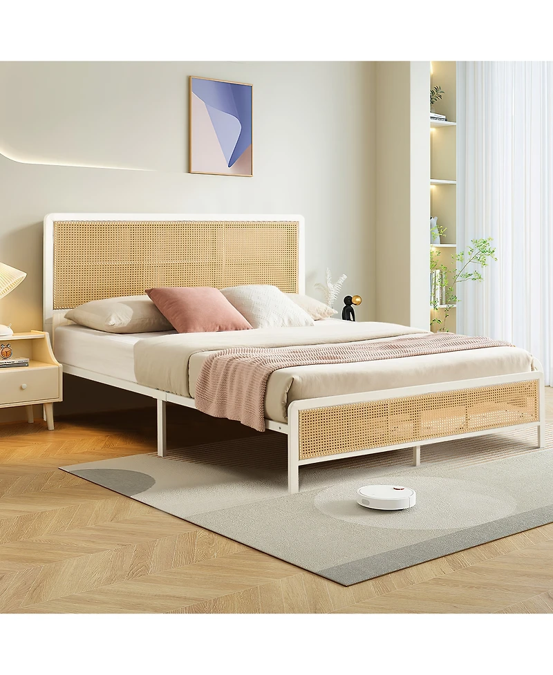 homfan Queen Size Bed Frame with Rattan Headboard, Modern Platform Bed, Heavy Duty Bed Frame With Metal Slat Support