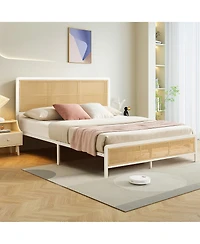 homfan Queen Size Bed Frame with Rattan Headboard, Modern Platform Bed, Heavy Duty Bed Frame With Metal Slat Support