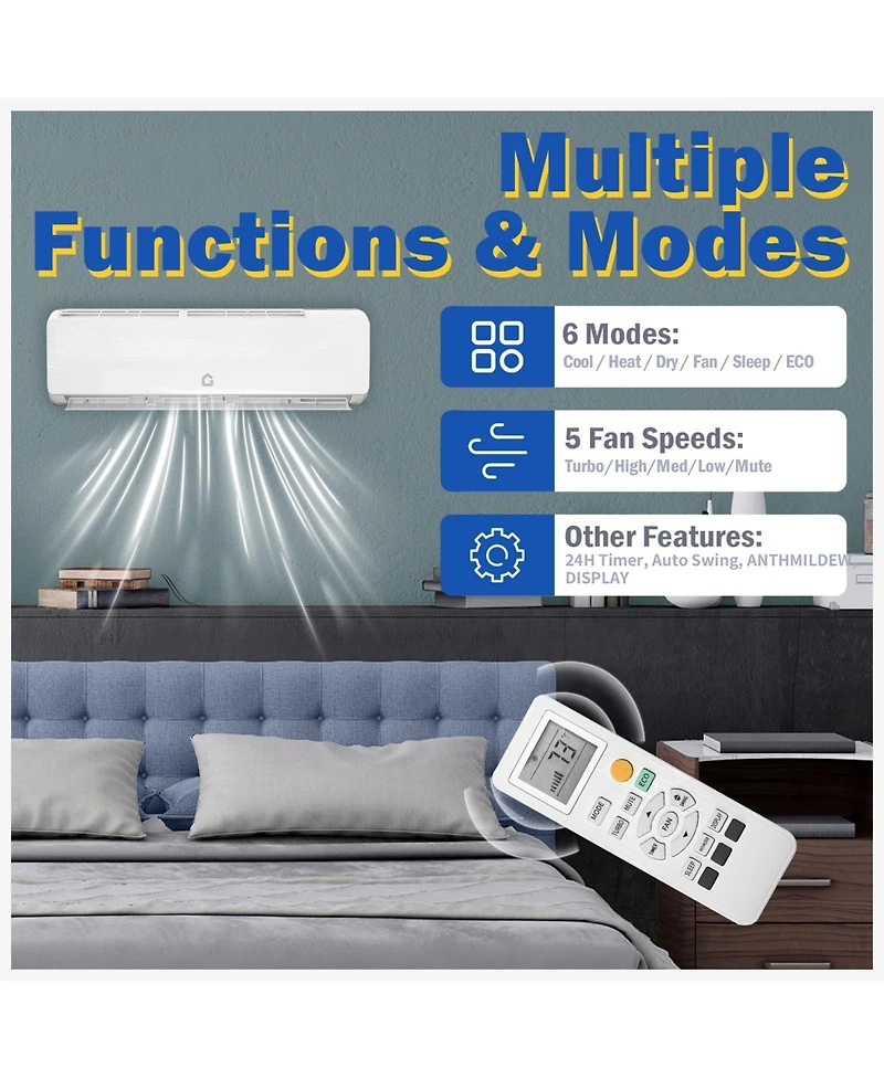 Xo 9000 Btu Mini Split Ac/Heat Pump, 19 SEER2 Inverter 6-in-1 Ductless System, Cools 450 Sq. Ft, Installation Kit, 115V