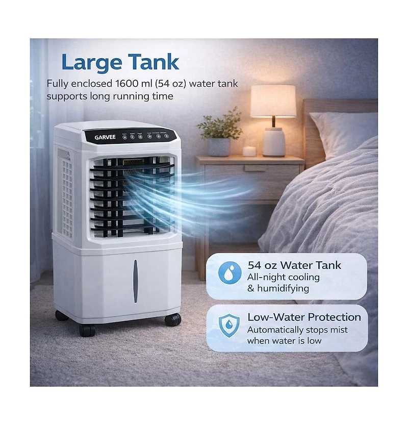 Xo Portable Air Cooler Fan, 3 Speeds, 1600ml Tank, Remote Control, 2/4/8H Timer, Adjustable Airflow, for Bedroom Office Desk