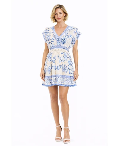 La Moda Clothing Women's Club Blue Floral V-Neck Mini Dress