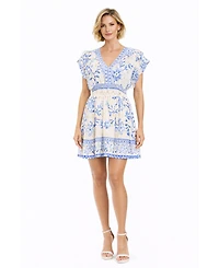 La Moda Clothing Women's Club Blue Floral V-Neck Mini Dress