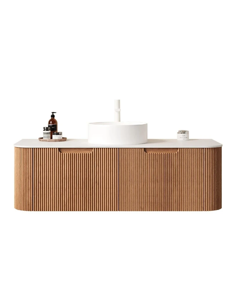 Sillysis Wall Mounted Bathroom Vanity with Sintered Stone Top, Ceramic Vessel Sink, 3D Wood Grain Drawer, Pre-assembled