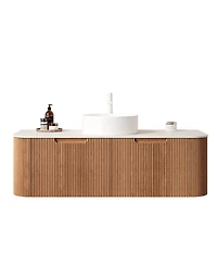 Sillysis Wall Mounted Bathroom Vanity with Sintered Stone Top, Ceramic Vessel Sink, 3D Wood Grain Drawer, Pre-assembled