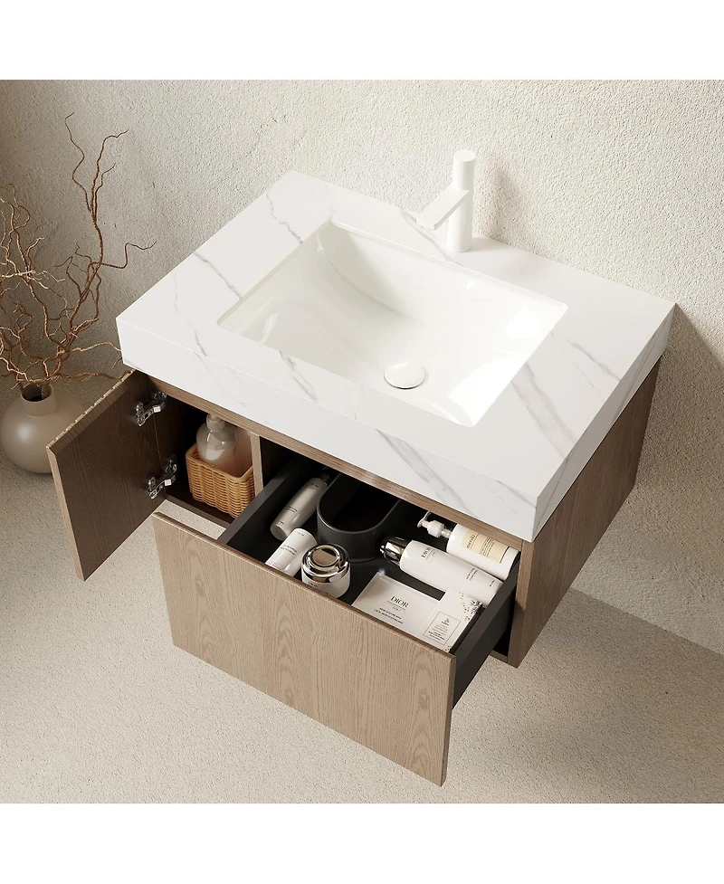 Sillysis Wall Mounted Bathroom Vanity, Sintered Stone Top, Carrara Ceramic Sink, Soft Close Cabinet