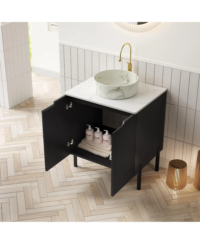 Sillysis 24 Inch Modern Bathroom Vanity, Sintered Stone Countertop with Ceramic Basin, Soft Close Double Door Storage Cabinet