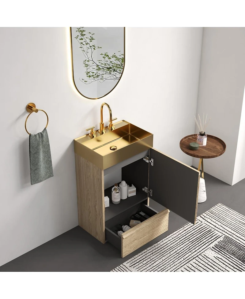 Sillysis Freestanding Bathroom Vanity with Gold Metal Vessel Sink, Modern Striped Cabinet with Drawer for Small Spaces